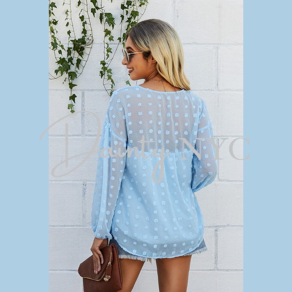 Baby Blue Sheer Polka Dot Bubble Sleeve Blouse - Picture 3 of 7